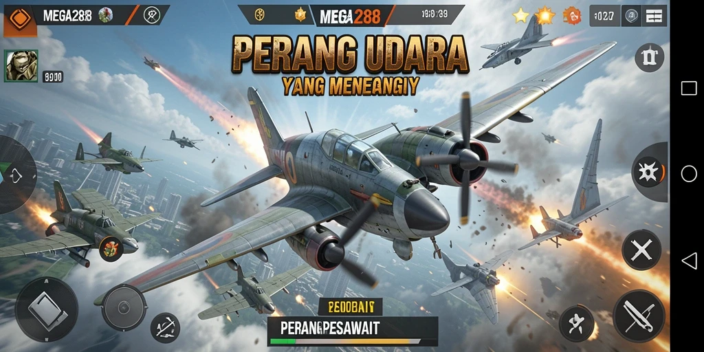Antarmuka utama MEGA288 menampilkan pesawat siap tempur di arena perang.
